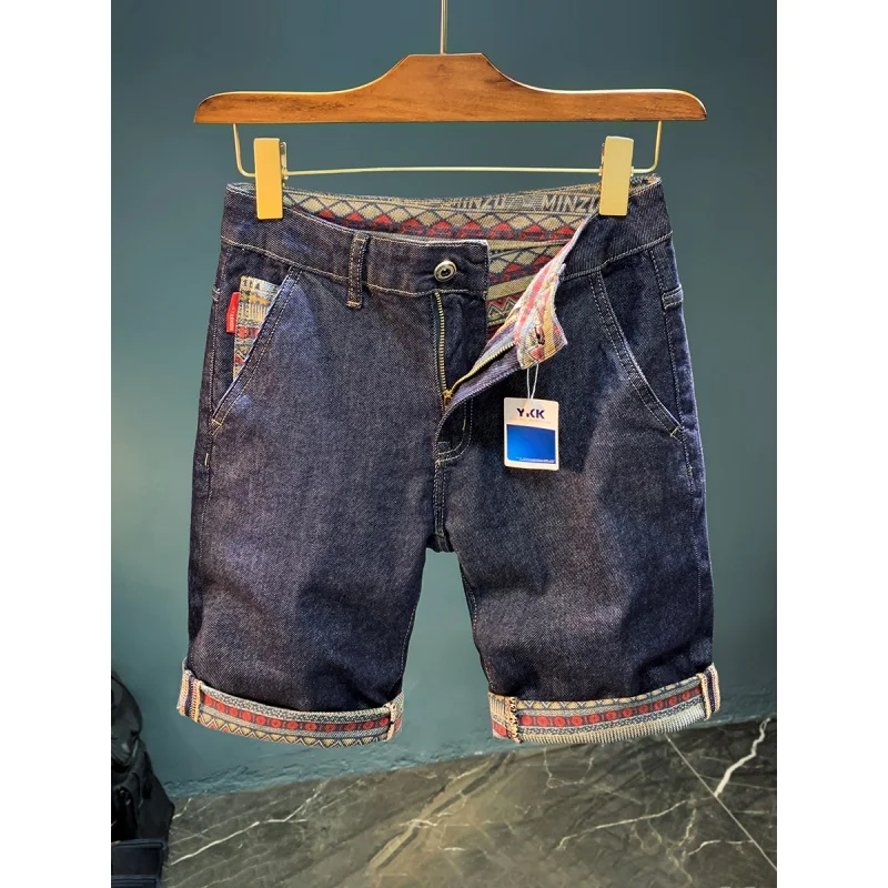 

MEN'S dark blue denim shorts 2024 New retro fashion patchwork rolled edge breathable washed elastic casual pants