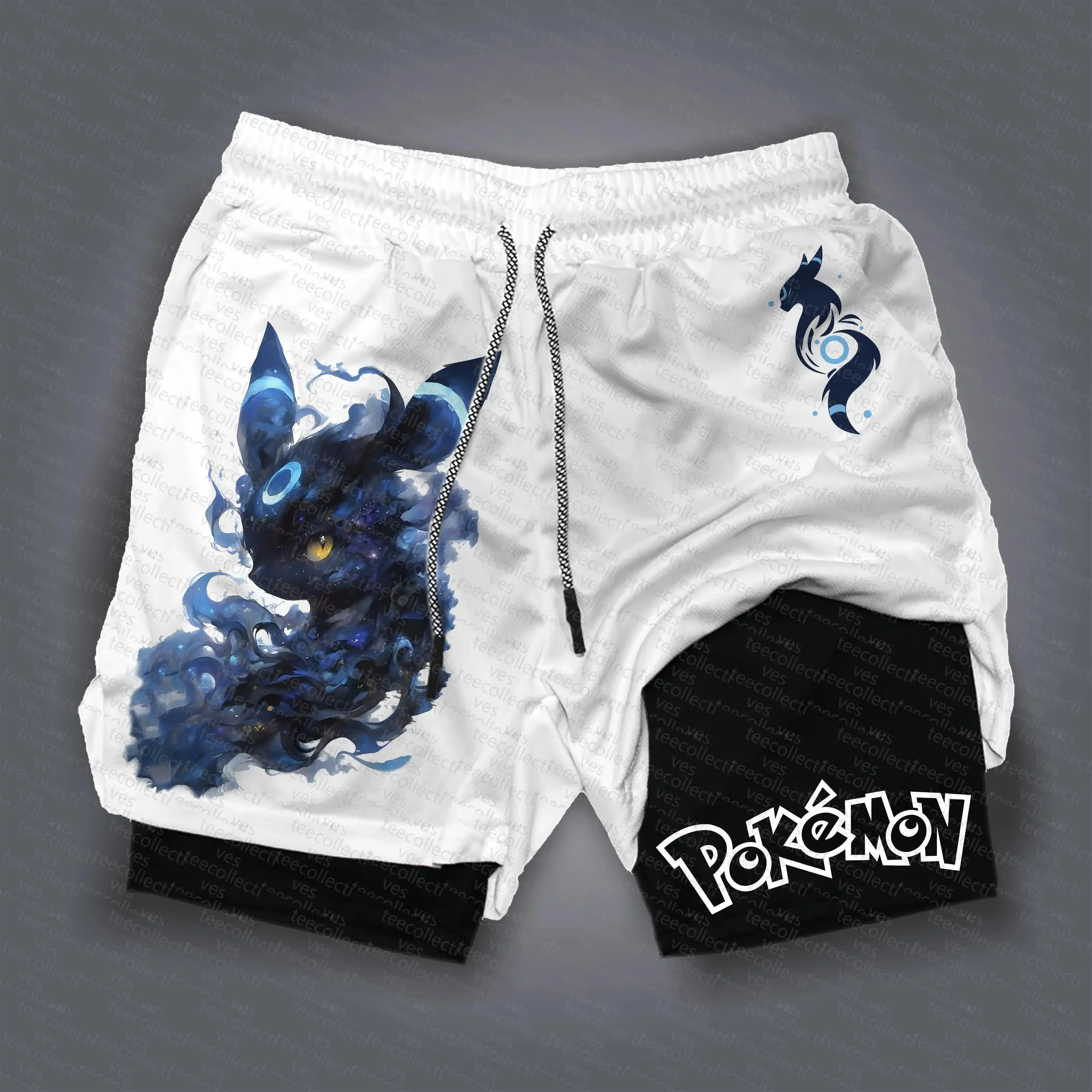 pokemon-shorts-masculino-algodao-calcas-esportivas-2025-verao-grafico-bottoms-base-branca-azul-espaco-textura-pokemon-personagem-olhos-brilhantes