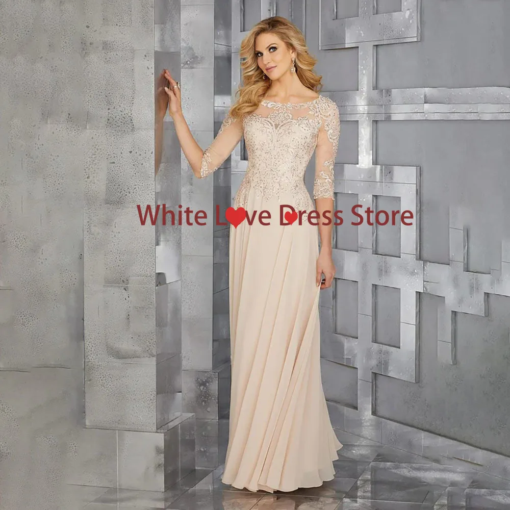 Customized Modern Style Chiffon A-line Mother of The Bride Dresses Women's Scoop Neck Full Sleeve Mother Gowns