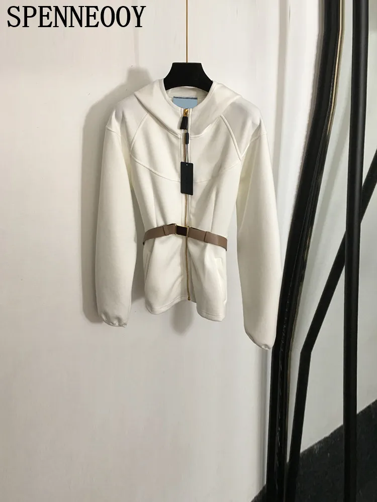 SPENNEOOY Fashion Runway Autumn White Color Long Style Jacket Women\'s Solid Color Hooded Loose Patchwork Long Sleeve Belt Coat