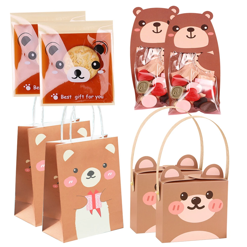 Cartoon Bear Candy Bags Cute Bear Cookie Boxes for Kids Bear Theme Birthday Party Decorations DIY Baking Packaging Gift Supplies