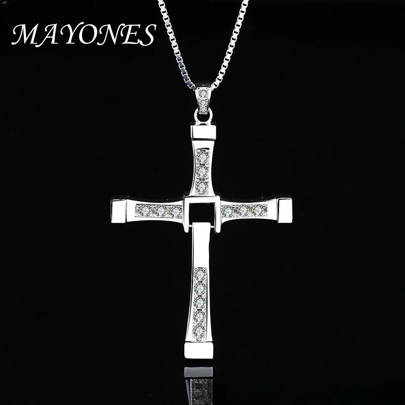 MAYONES  Fast and Furious Cross Pendant Necklace for Men S925 Sterling Silver Inlaid Zircon Rotatable Fashion Punk Rock Style