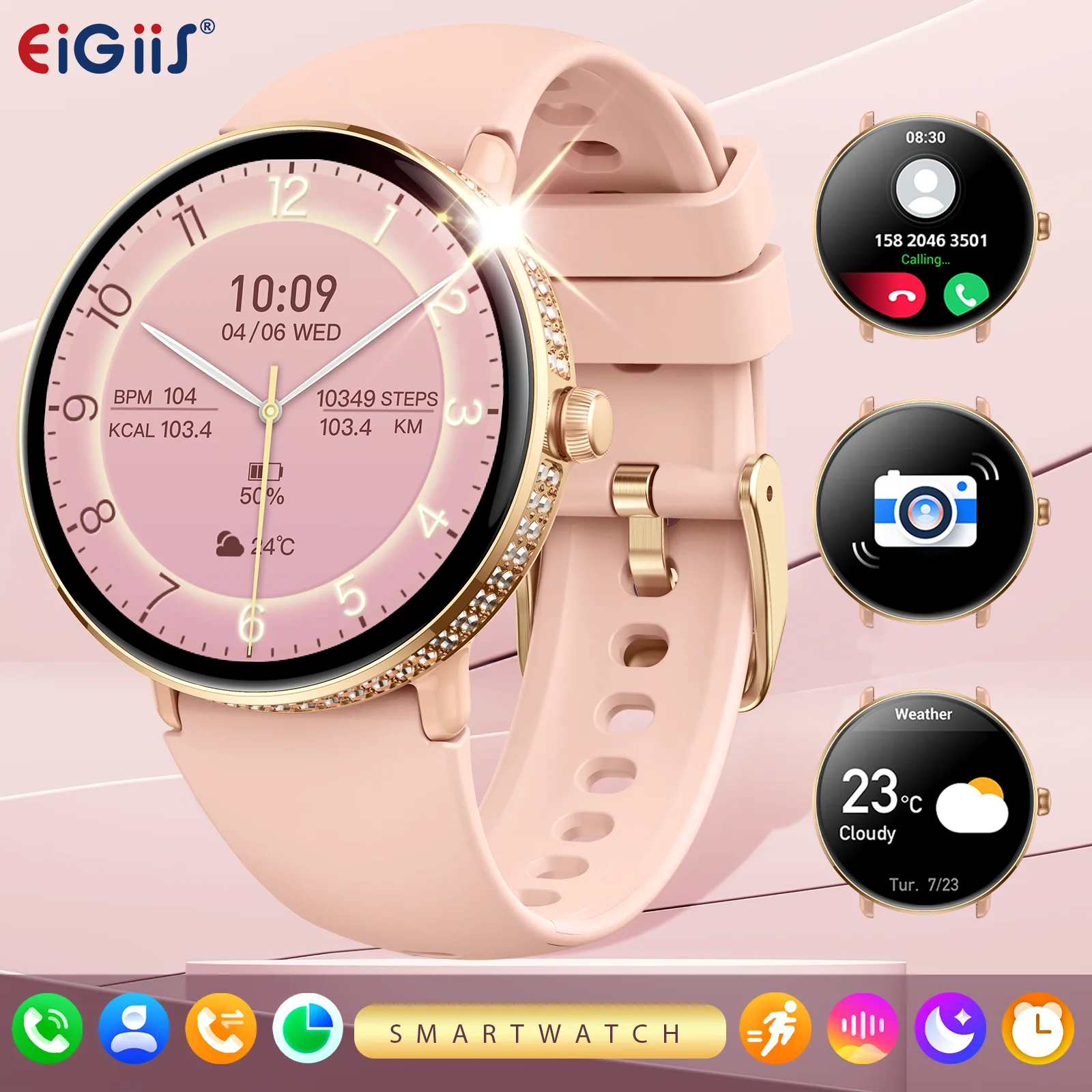 

EIGIIS 2025 New Smart Watches for Women with Diamonds 1.19"Full Touch AMOLED Screen with Bluetooth Call Heart Rate Sleep Monitor