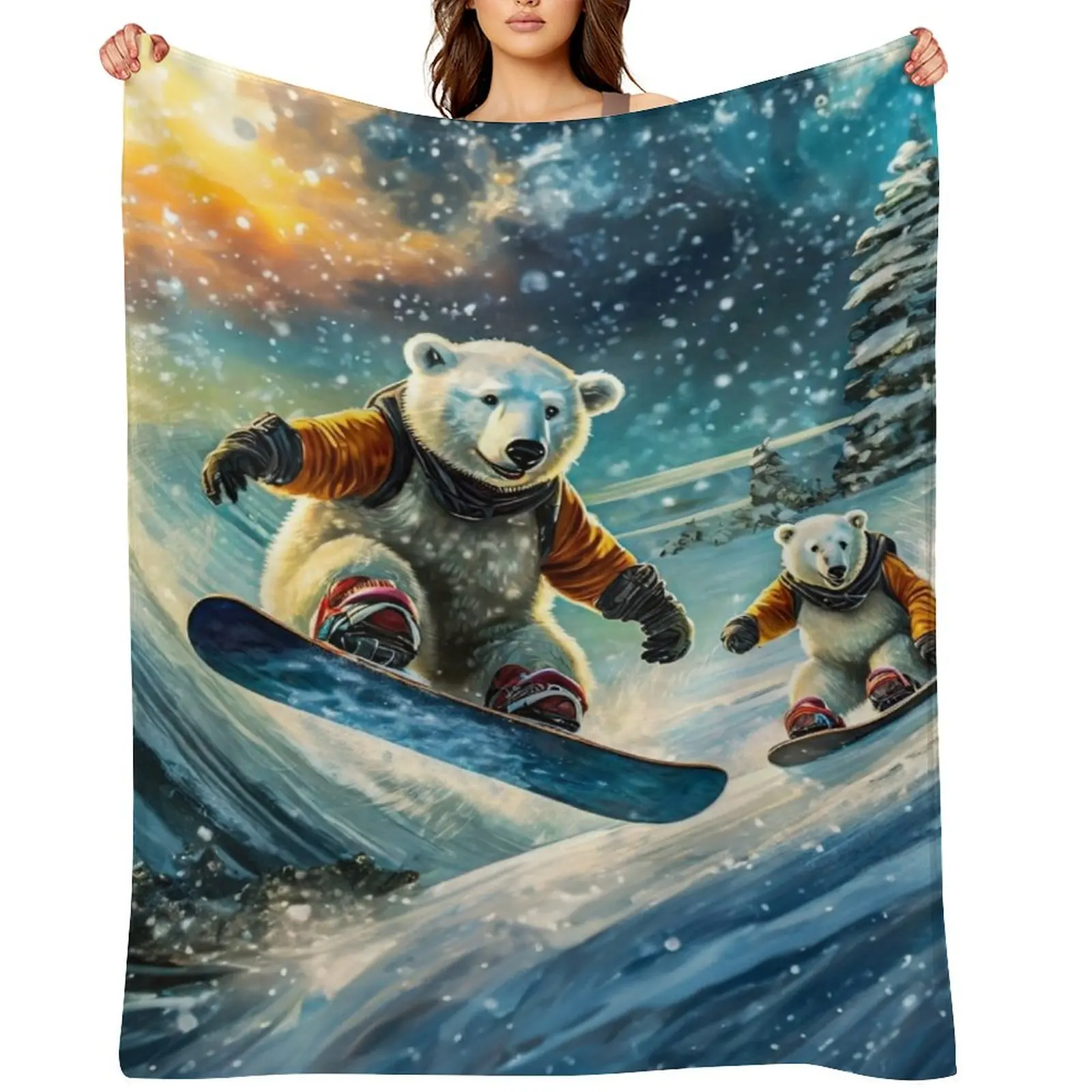 Oursos Polares en tablas de nieve, diseño de Rich AMeN Gill, manta, camas de invierno, cama personalizada, mantas peludas de moda