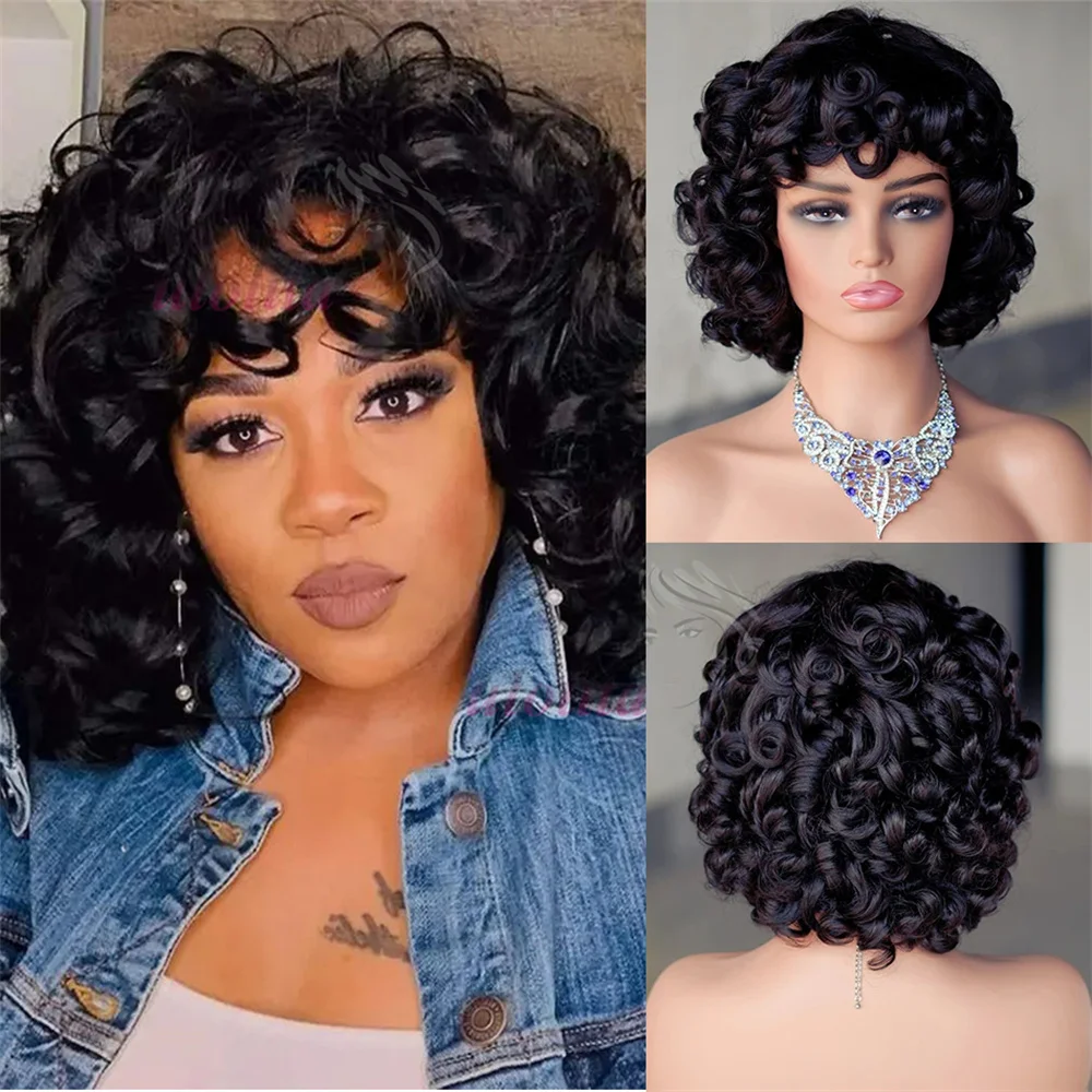 Loose Ocean Wave Human Hair Wigs With Bangs Big Bouncy Curls Short 100% Human Hair Wigs for Women Afro Brazilian Wigs On Sale