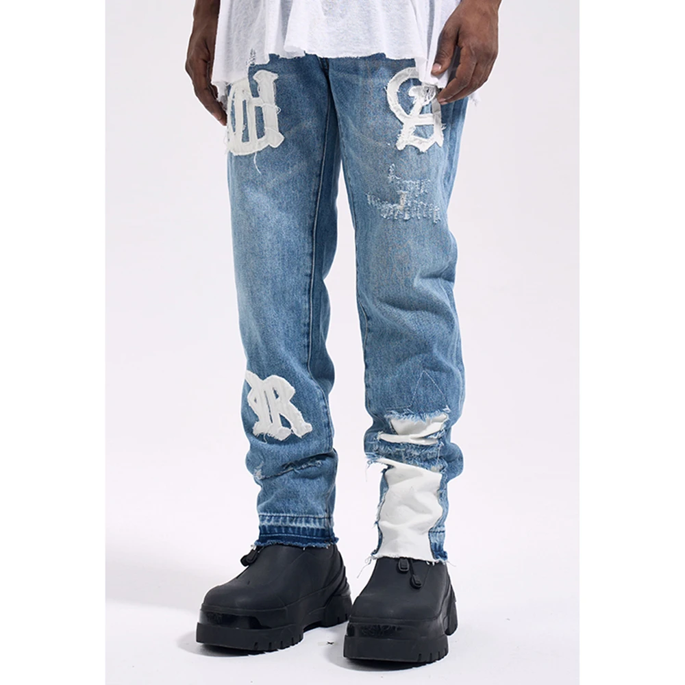 Frog drift Fashion Streetwear High Street REMAKE y2k Straight Stickers Blue Denim Jeans Trousers for men homme