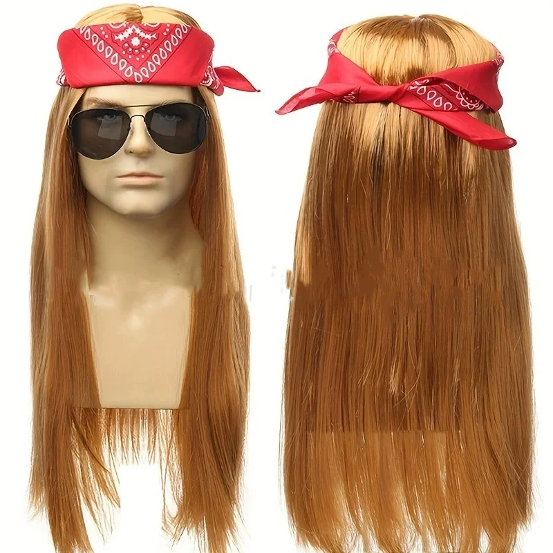 Halloween Cosplay Wigs Sunglass Headscarf Set Disco Rock Hip Hop Dance Party Synthetic Wig Head Cover Straight Brown Long Hair