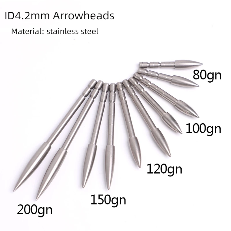 12pcs ID 4.2mm Arrow Shaft Arrow Head 80/100/120/150/170/200gn Stainless Steel Bullet Point Tip For Archery Bow Target Arrow Tip