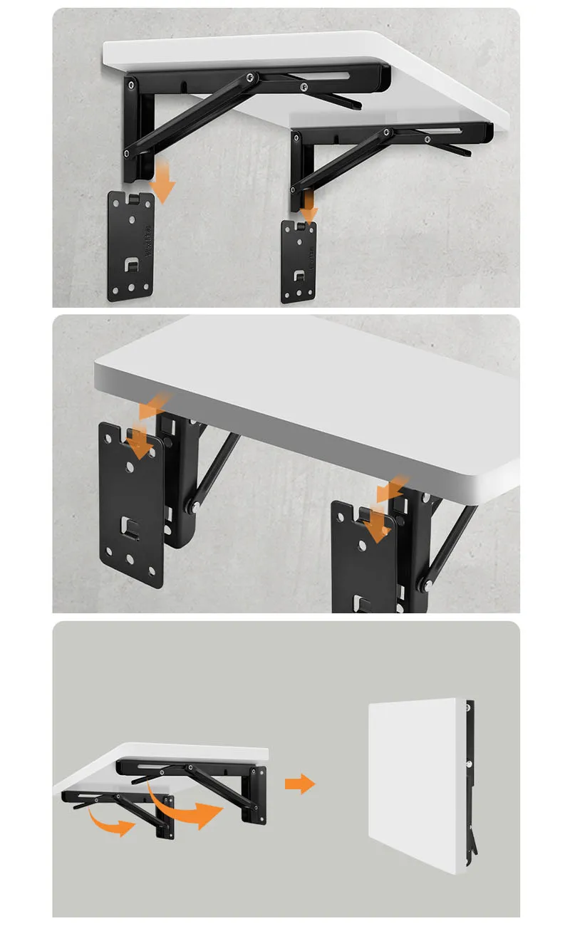 8 Inch Detachable & Foldable Bracket Wall Mounted Folding Shelf Bracket Heavy Duty Removable Triangle Folding Bracket Black