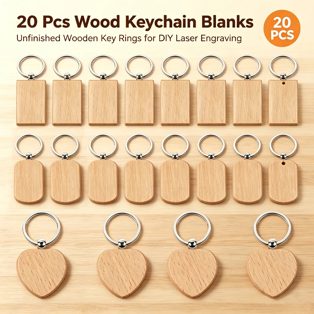 20Pcs Mixed Shape Blank Wooden Keychains Unfinished Wood Key Tags for Laser Engraving DIY Crafts Custom Name Logo Wholesale Gift Making