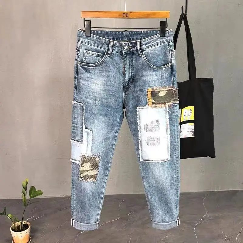 

Splicing Popular Jeans Men's High-end Trendy Brand Fashionable Slim Fit Small Foot Long Pants Men