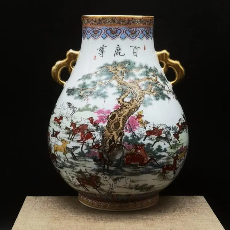 22.5cm Jingdezhen Famille Rose Vase - Deer Pattern Vintage Chinese Style Living Room Decor Lucky Prosperity Home Ornament