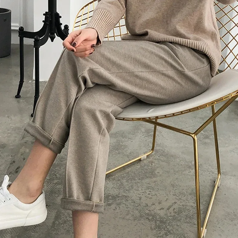 Casual High Waist Woolen Harem Pants Women Capris Autumn and Winter Wool Pencil Pants Female Loose Women Trousers Pantalon 6648