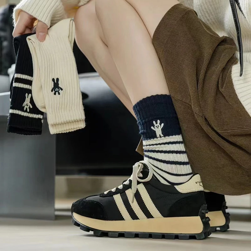 Women's Striped Socks Minimalist Style Embroidered Rabbit Women's Sports Socks Cotton Socks