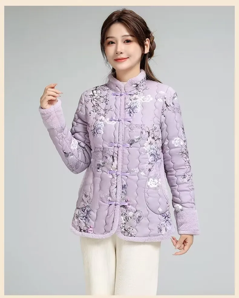 Vintage Floral Tang Suit Jacket for Women, Cotton-Padded Coat, Warm Clothes for Mother, Cheongsam, Autumn and Winter, New, 2024