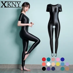 XCKNY collant lucidi in raso lucido setoso manica corta tuta collant yoga Running tuta sportiva cavallo aperto zentai