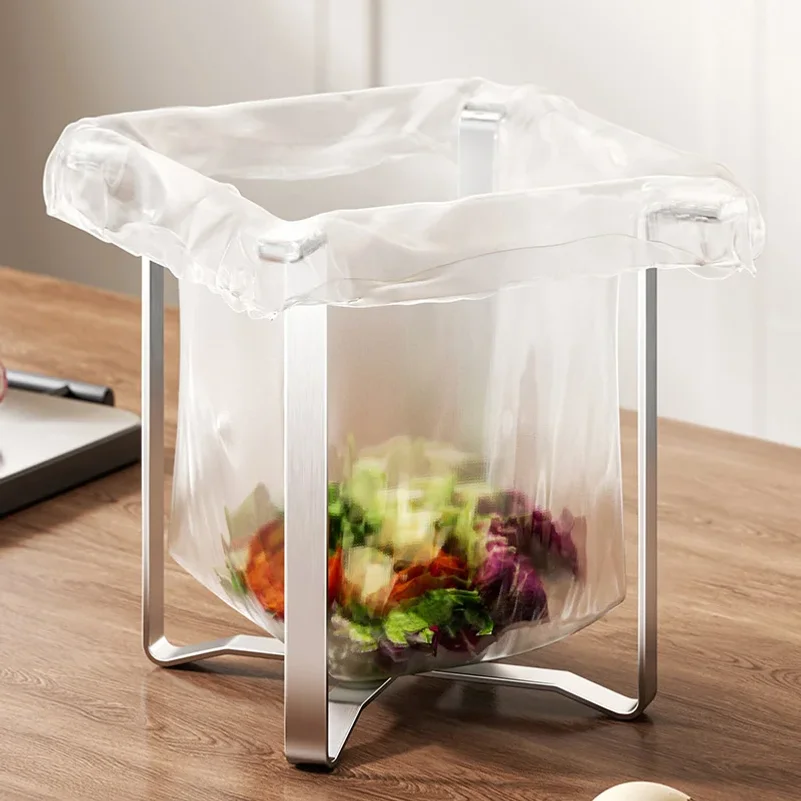 Stainless Steel Foldable Trash Bag Holder - Kitchen Countertop Garbage Bag Stand & Organizer