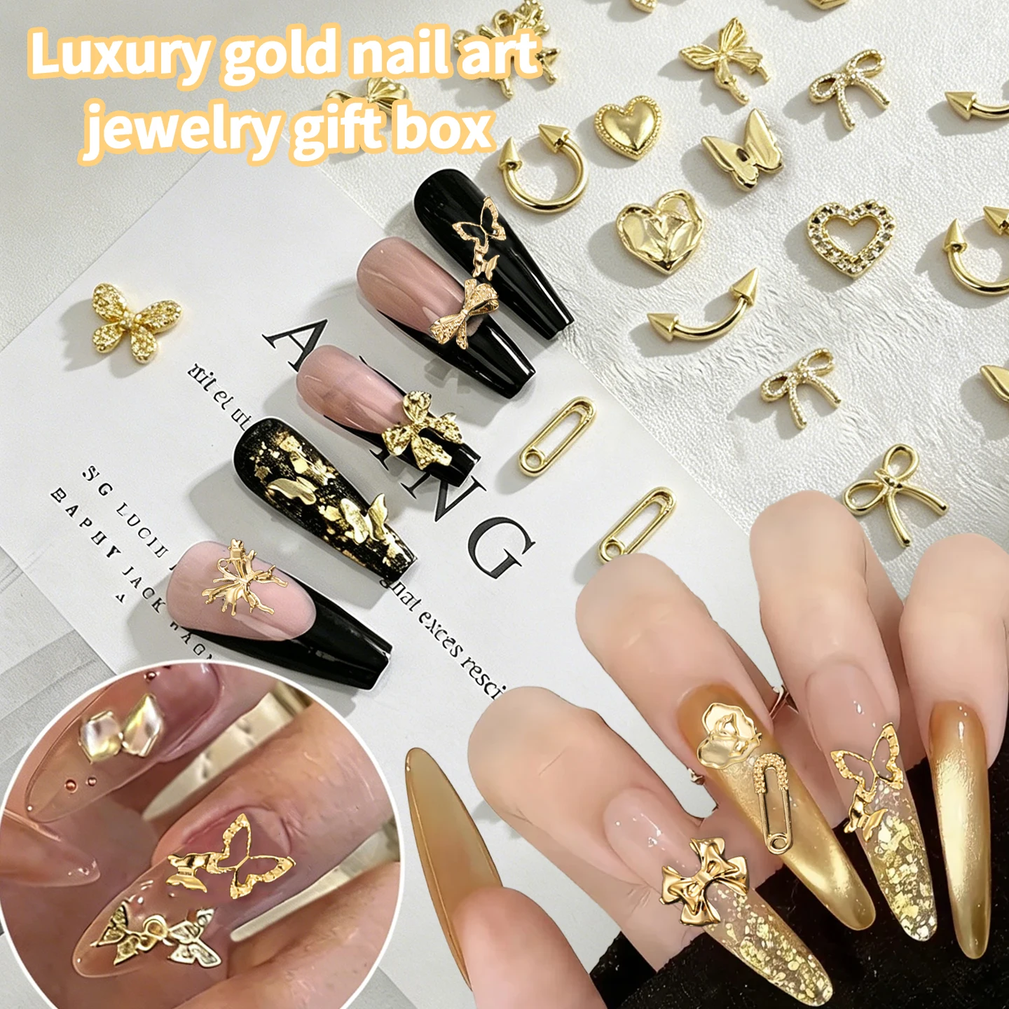 210pcs/box 3D Mixed Luxury Gold Bow Butterfly Nail Metal Charms Exquisite Multi-Style Rose Star Nail Art DIY Jewelry Accessories