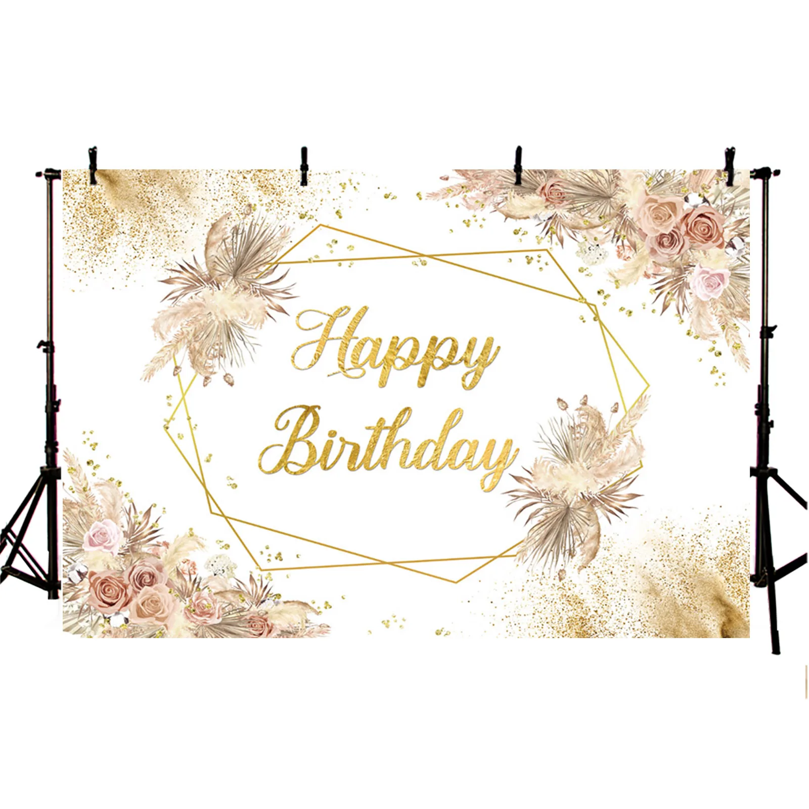 Boho Happy Birthday Backdrop for Girls Women Pink Flowers Pampas Grass Photography Background Cake Table Portrait Party Decor