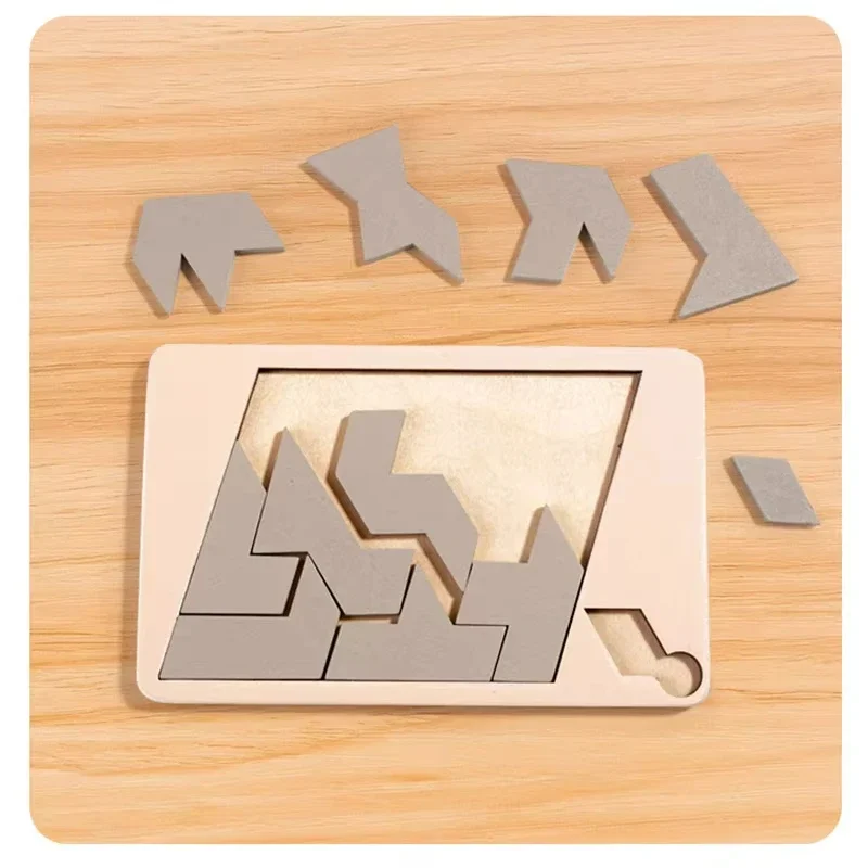 Wooden Puzzle Blocks Board Game 3D Geometric Tangram Brain Teasers Jigsaw Logic IQ Table Game Random Color For Children Adults