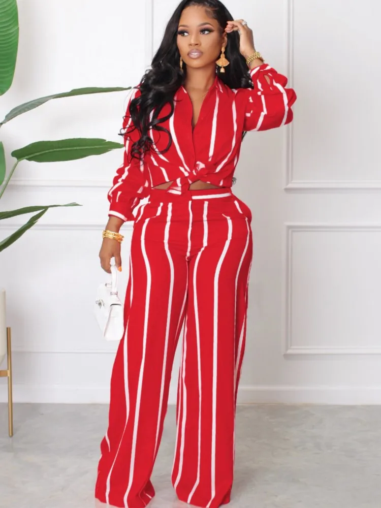 Spring Autumn Printed Striped Long Sleeved Shirt For Women Suit Fashion Slim Simple Straight Trousers Female Office 2 Piece Set