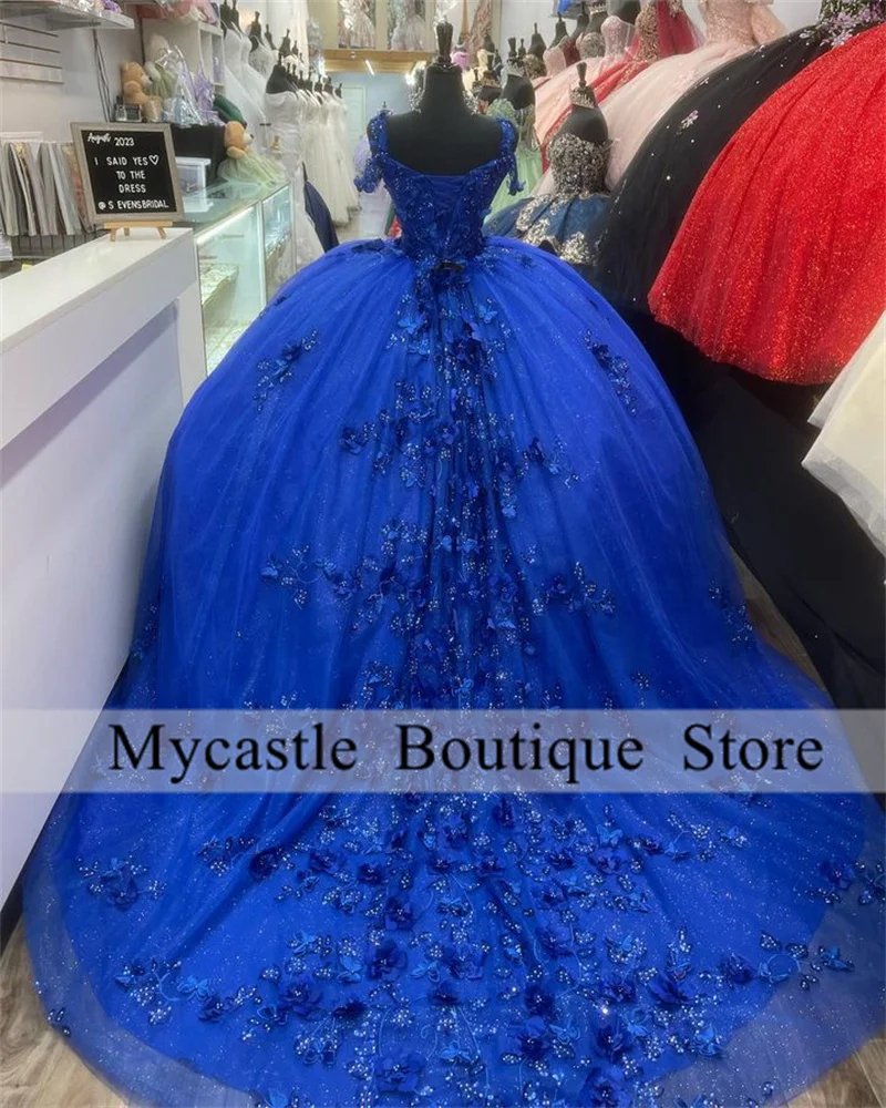 Royal Blue Ball Gown Appliques Beads Quinceanera Dresses 2025 Crystals 3D Flower Sweet 16 Dress Customized Vestidos De 15 Años