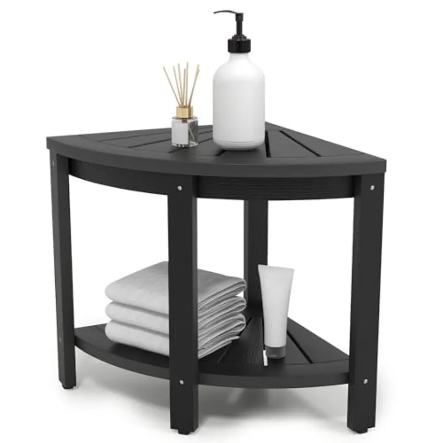 

Poly Lumber 17" Shower Bench Corner Stool With Storage Shelf and Wood Texture Seat for Bathroom Spa Living Room Black