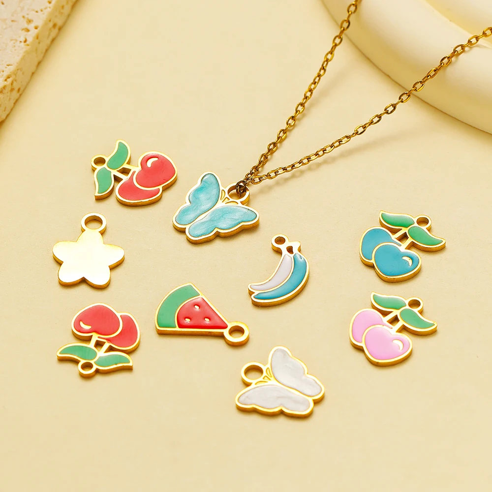 5 Stück Edelstahl-Charms mit süßen Bananen- und Wassermelonen-Motiven, Emaille-Anhänger, Kirsch-Anhänger, DIY-Schmuckzubehör, für die Herstellung von Kinderhalsketten und Ohrringen – Detail 3