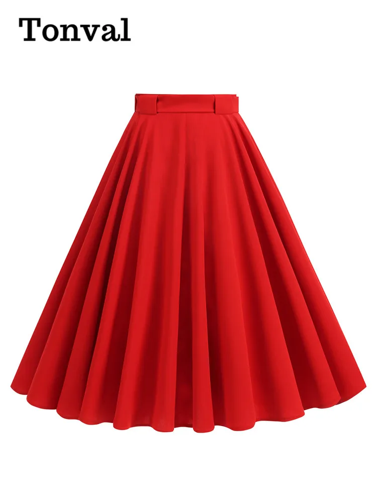 Tonval Red Plain Vintage Style Swing Mini Skirts for Womens High Waist A-Line Belted Elegant Skirt