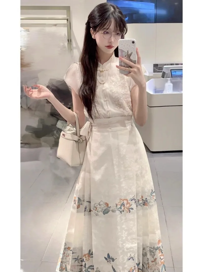 New Chinese Floral Horse Face Skirt 2024 Women's Spring High Waisted Pleated Half Skirt Stand Up Collar Shirt Two-piece Set