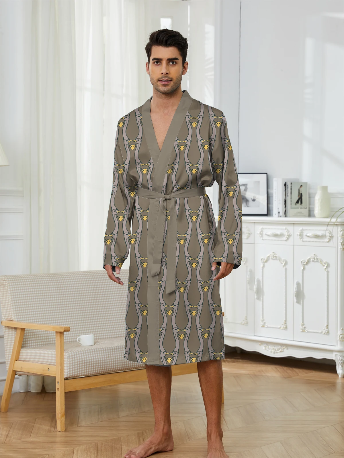 남성용 로브 신상 3D 프린팅 타조 무늬 봄 가을 얇은 스타일 속건성 피부 친화적인 홈웨어/잠옷