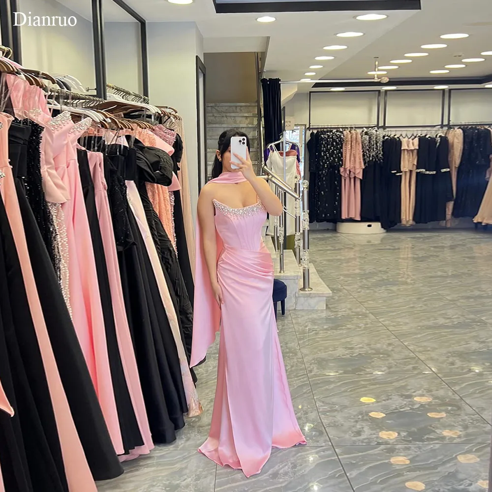

Dianruo Elegant Pink Ruched Evening Dresses Bling Crystal Long Vestidos Elegantes Ribbons Satin Wedding Party Dress Customized