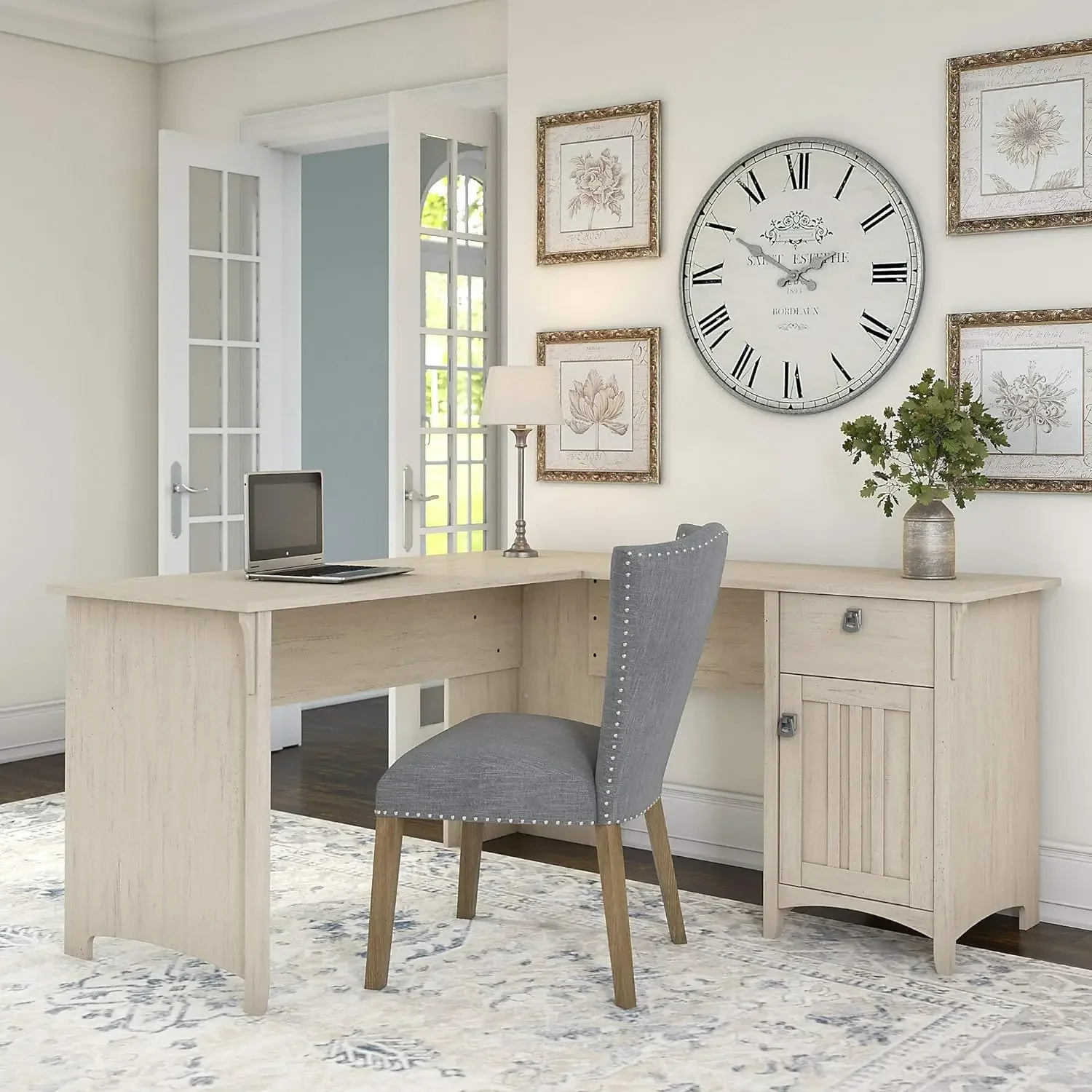 

L Shaped Desk with Storage in Antique White,Modern Farmhouse Corner Table with Drawers and Cabinets for Home Office