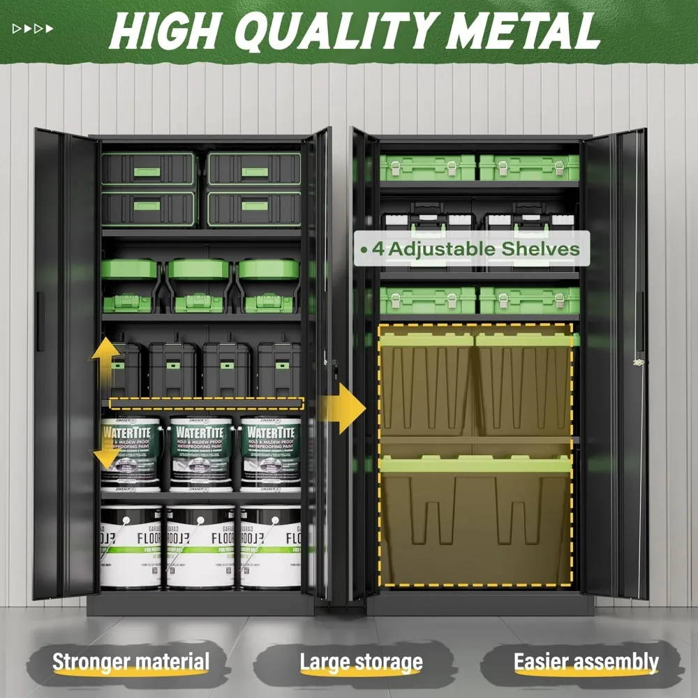 

Металлический шкаф для хранения с замком, 72 дюйма, черные металлические шкафы с 2 дверцами и регулируемыми 4 полками