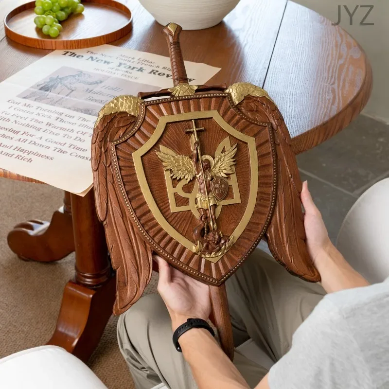 Christian Wood Carving Holy Sword Archangel Michael Shield , Wall Hanging Decor Icon Art Statues