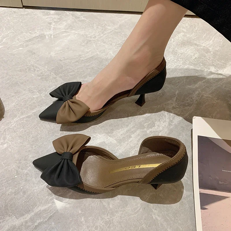 Women's Fashion Single Shoes Spring New Pointed Head Shallow Mouth Butterfly Knot Collocation Color Slip-on High-heeled Shoes