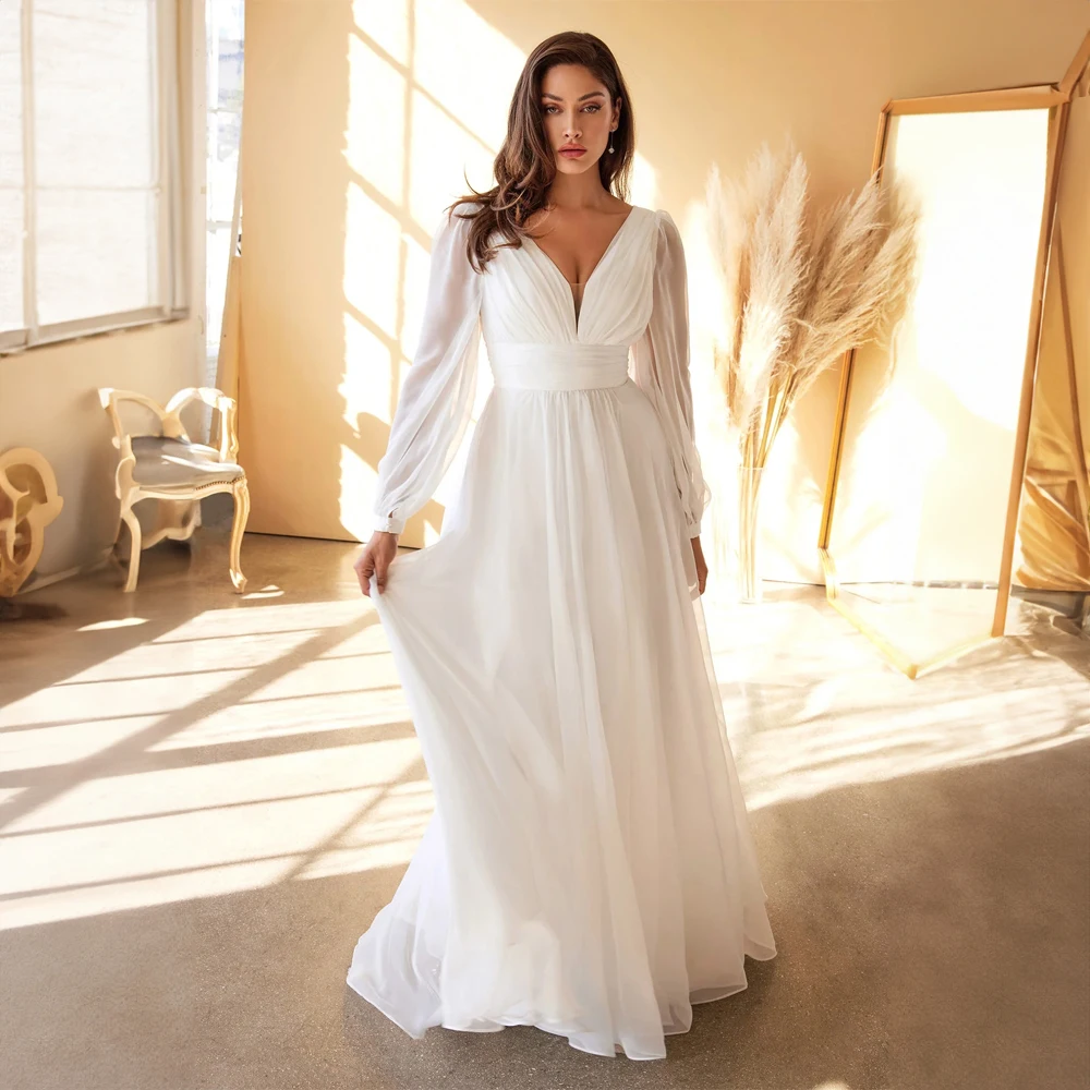 Classic Long Sleeve Chiffon V-neck Wedding Dress for Women Backless A-line Court Wedding Party Gown Bridal robe de mariée