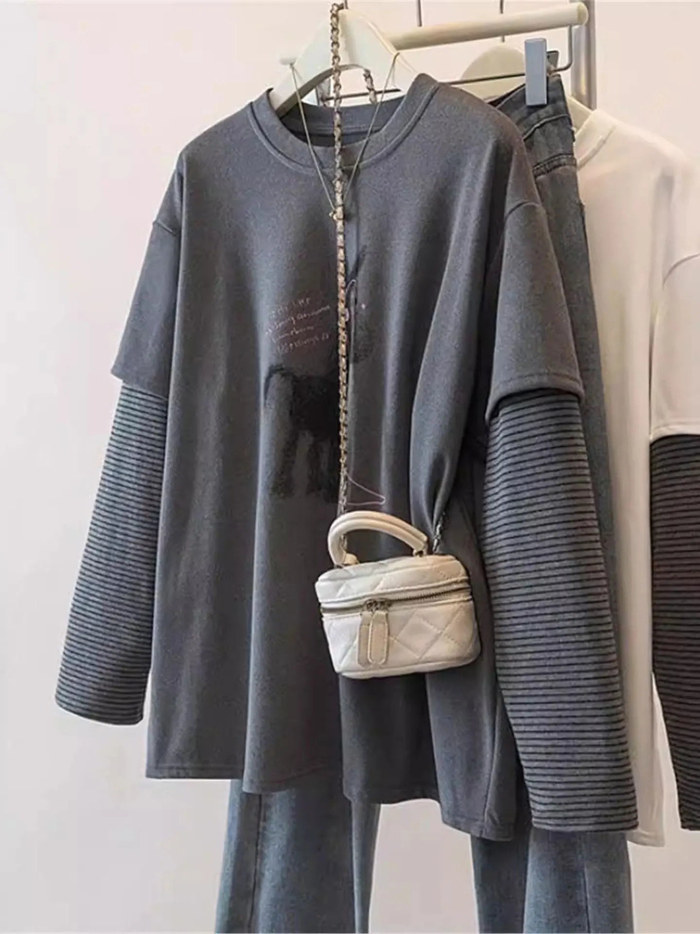 

Casual Sle Long Sve Striped T-irt Women's plus Size Loose Fit Spring 2026 ey Stripe Patchwork oulder Length Top