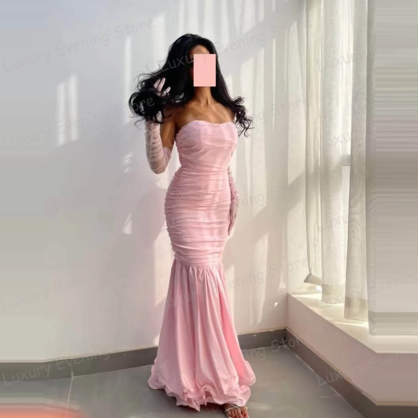 

Simple Pink Ruffles Evening Dresses Woman Mermaid Long Sleeve Sexy Prom Gowns Fashion Party Vestidos De Novia Customized Gala