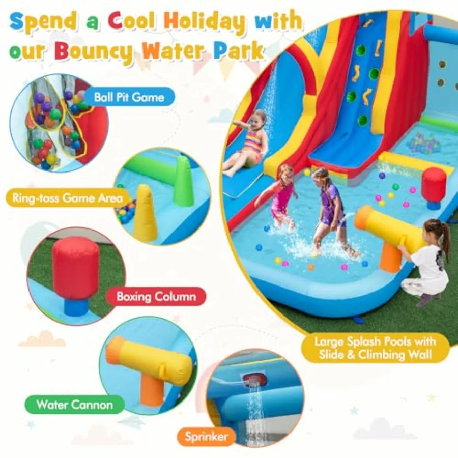 Inflatable Water Slide 14x13FT for backyard parties PVC material blue and yellow extra-long racing slide with ball pit ring-tos