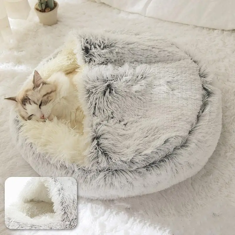 Soft Plush Pet Bed with Cover Round Cat Bed Pet Mattress Warm Cat Dog 2 in 1 Sleeping Nest Cave for Small Dogs