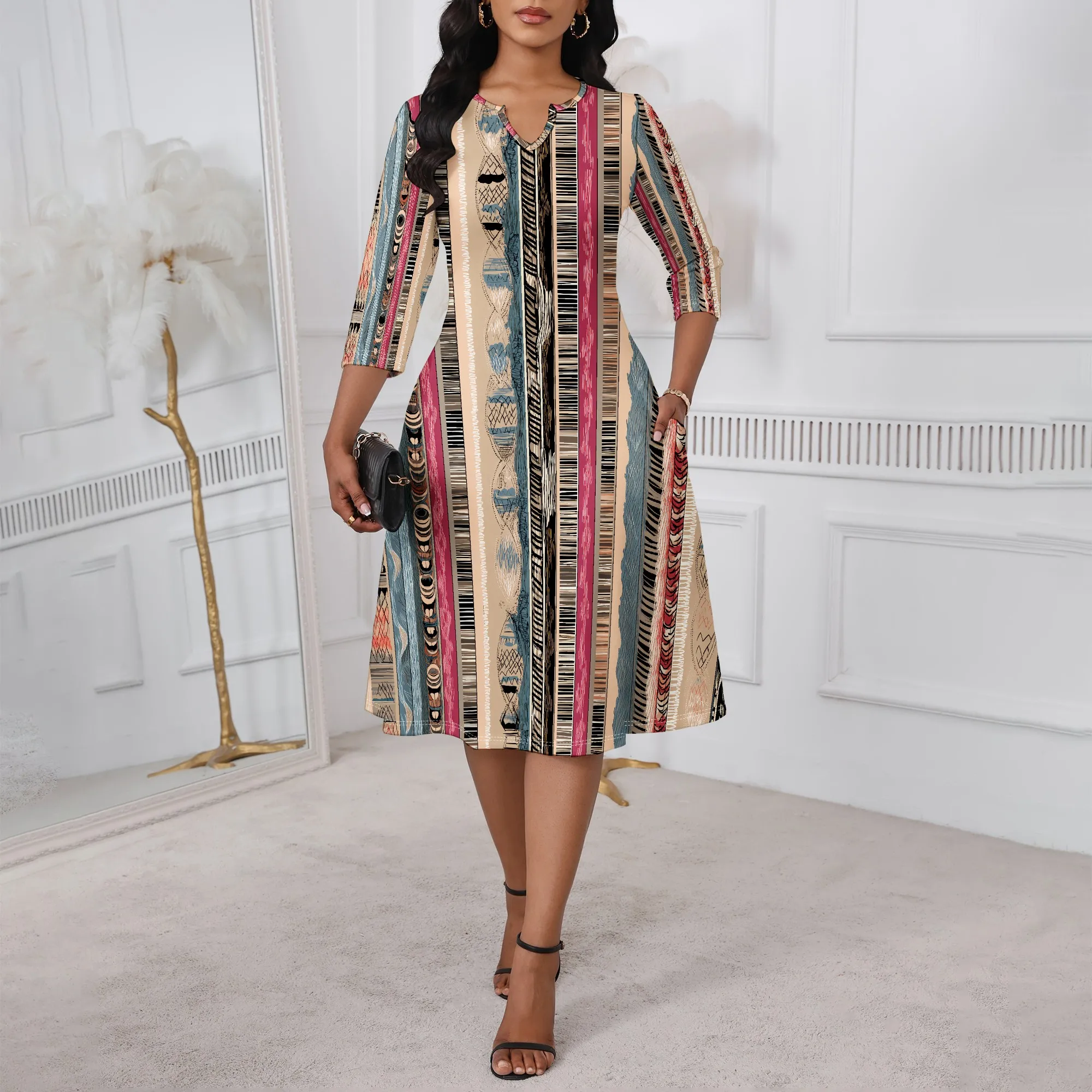 

Ethnic Stripe A-Line Dress XS-3XL 3/4 Sleeve Style for Kwanzaa, African Heritage Festival or Creative Cultural Look