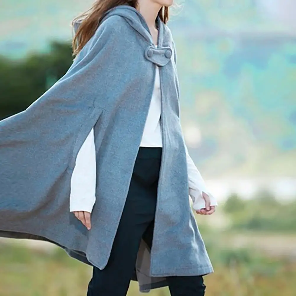 Punk Coat Hooded Cape Coat for Women Warm Winter Shawl Poncho with Single-button Closure Knee Length Pirate Robe Cloak Women