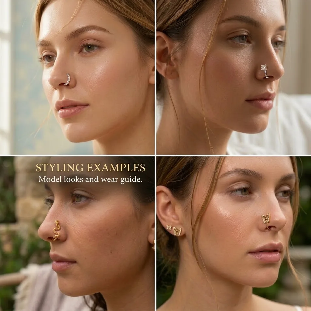 1pc Trendy Bohemian Summer Sexy Style False Nose Rings Adjustable No-Piercing Wearable, Fashion Hip-Hop Silver Nose Nail Woman