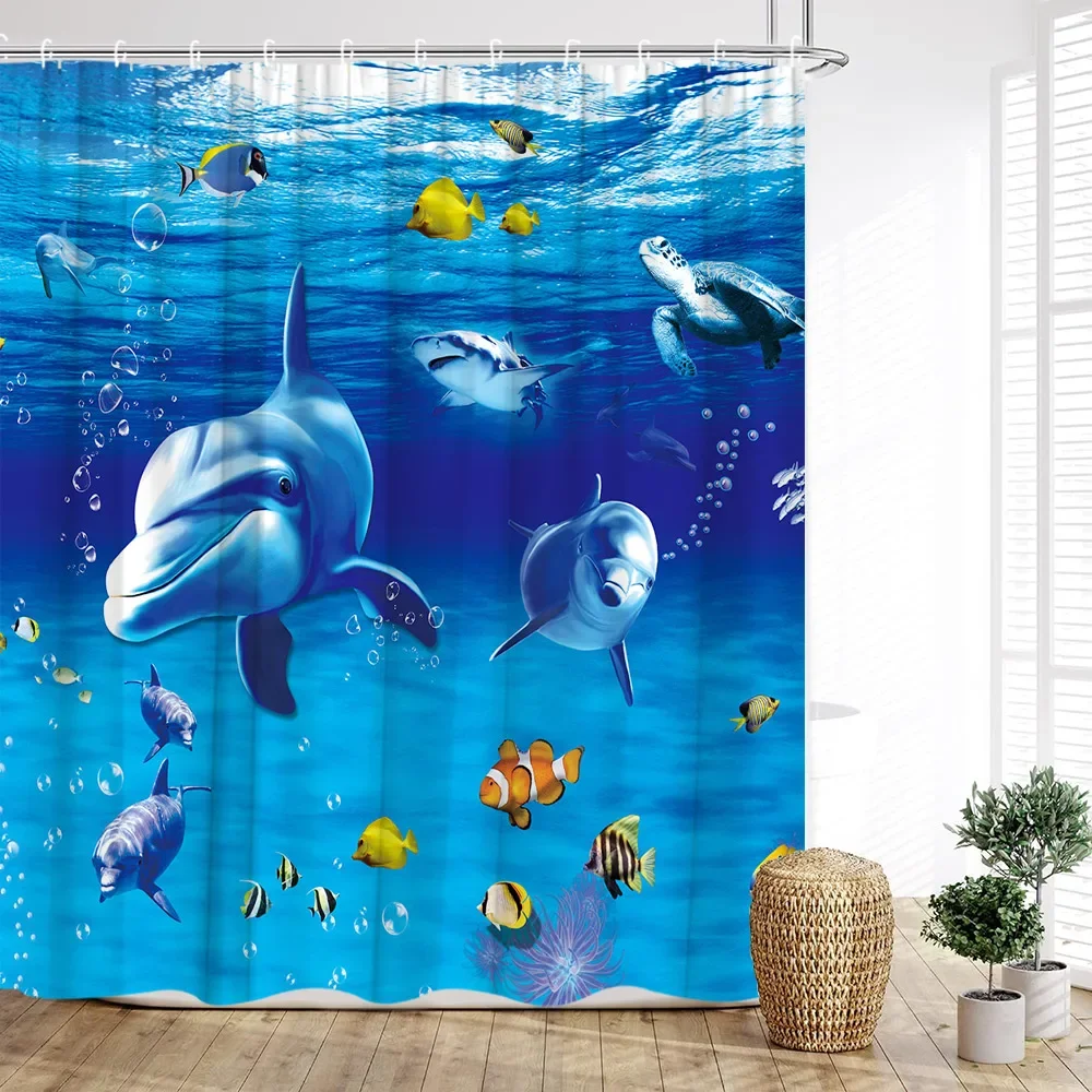 Duschvorhang mit Ozean-Tier, Unterwasser-Wal, Koralle, tropischer Fisch, Welle, Fisch, blau, für Kinder, Jungen, bedruckt, Badezimmer-Dekoration