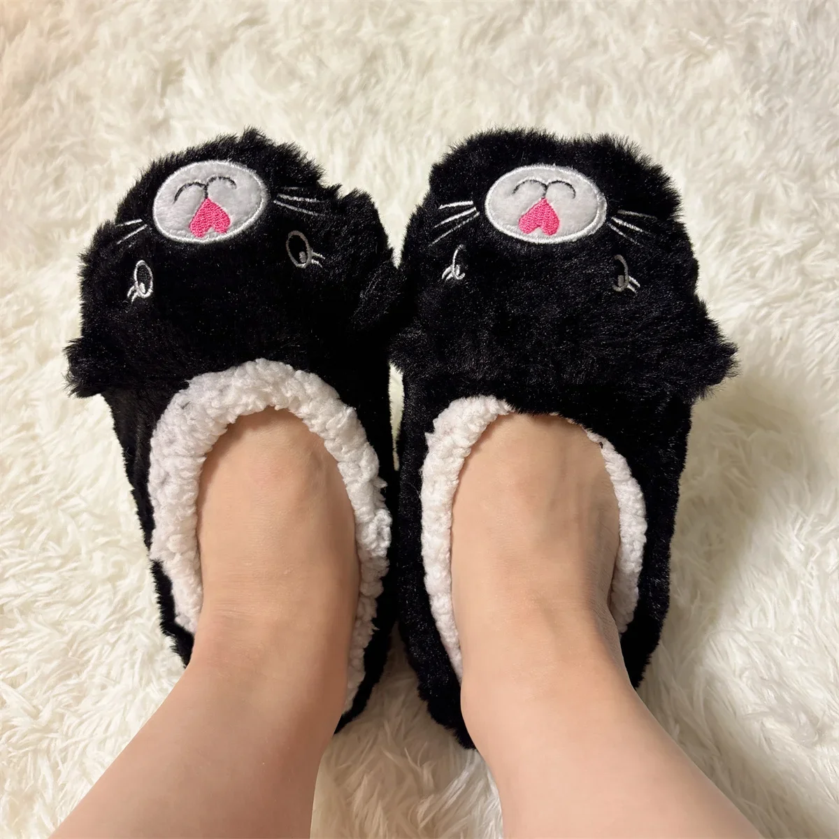 Home Fuzzy Slipper Women Cat Penguin Winter Fur Contton Warm Plush Non Slip Grip Indoor Fluffy Lazy Female Embroidery Floor Shoe