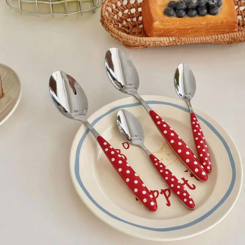 

Stainless steel plastic long handled tableware, knife, fork, spoon, dessert, coffee spoon, Western tableware 6-piece set