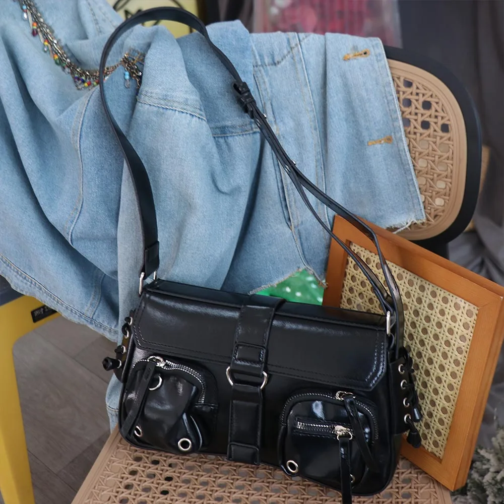 

Ретро-сумка Y2K из искусственной кожи через плечо, готическая кожаная сумка с карманами, однотонная, в корейском стиле, на плечо, портативная