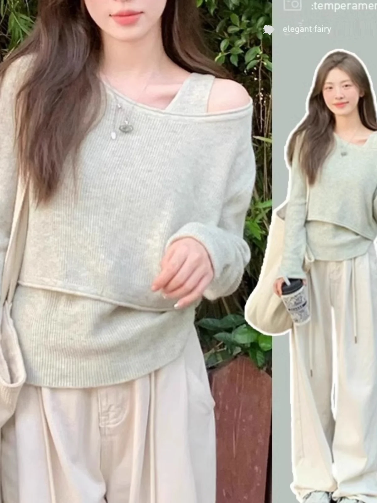 Women's Early Autumn Short Sleeve Long Sleeve Knitted Sweater Base Layer Two-Piece Set Unique Minimalist Style Commute Fashion