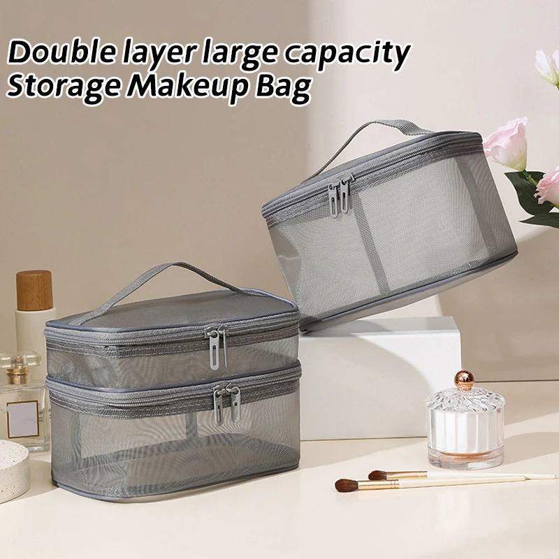 Travel Mesh Wash Storage Bag Makeup Organizer Cosmetics Make Up Skincare Box Plastic Container Handbag For Women Men Bathroom